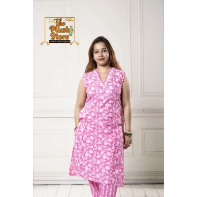 Pure Cotton Kurti Pant Set For Women in Pink colour