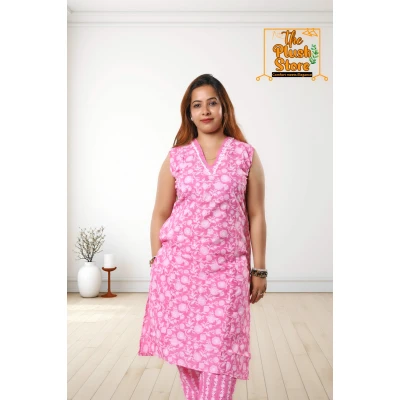 Pure Cotton Kurti Pant Set For Women in Pink colour