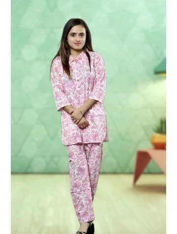 Pink Pure Cotton Floral Co-ord Set For Women  Pink Pure Cotton Floral Co-ord Set For Women data-sizes=