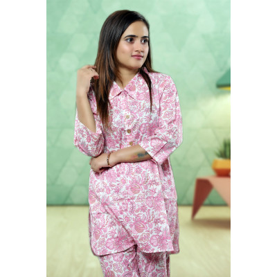 Pink Pure Cotton Floral Co-ord Set For Women