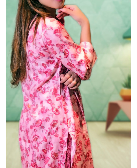 Pink Floral Two Piece Kurti Pant Co-ord Set For Women