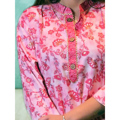 Pink Floral Two Piece Kurti Pant Co-ord Set For Women