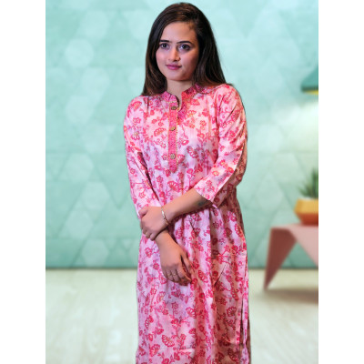 Pink Floral Two Piece Kurti Pant Co-ord Set For Women