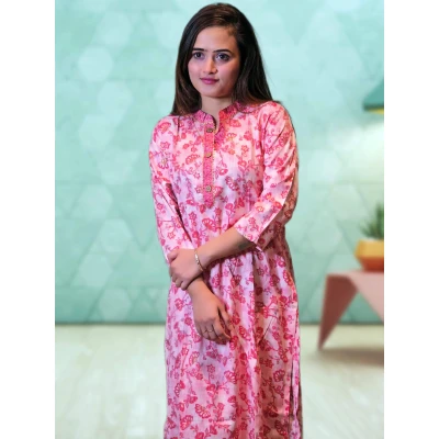 Pink Floral Two Piece Kurti Pant Co-ord Set For Women