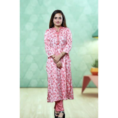 Pink Floral Two Piece Kurti Pant Co-ord Set For Women
