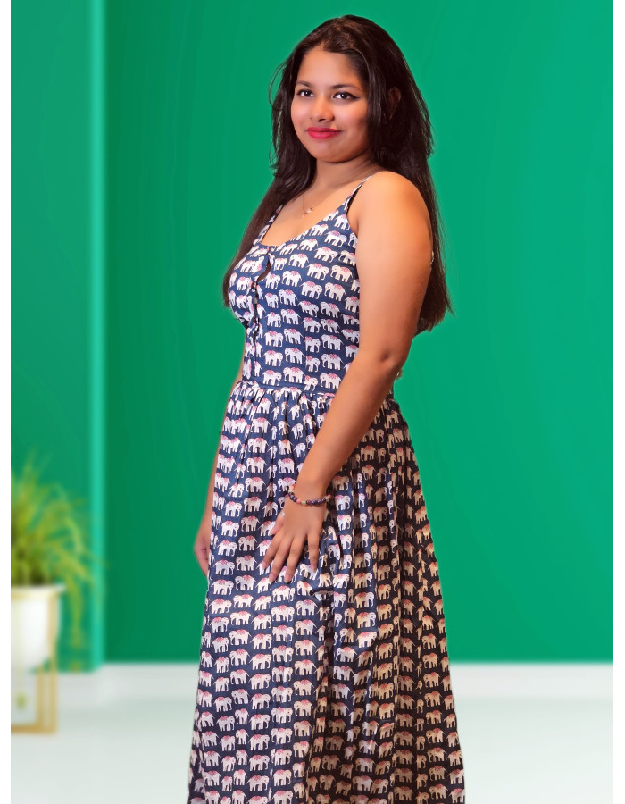 A model wearing Pure Cotton Noodle Strap Dress For Women A model wearing Pure Cotton Noodle Strap Dress For Women