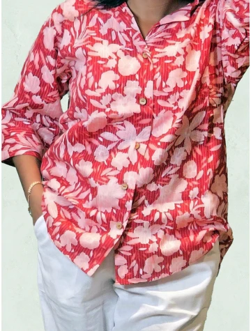 Red Floral Printed Cotton Shirt For Women  Red Floral Printed Cotton Shirt For Women data-sizes=