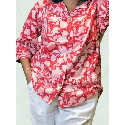 Red Floral Printed Cotton Shirt For Women