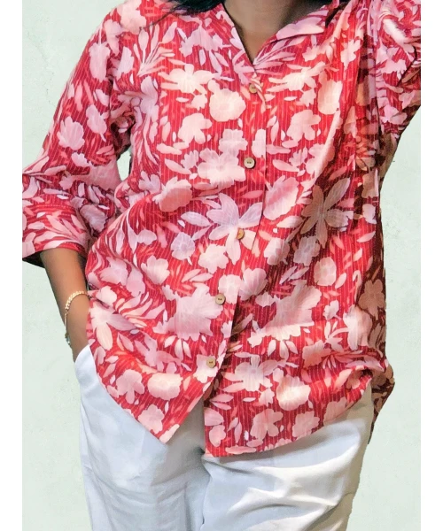 Red Floral Printed Cotton Shirt For Women
