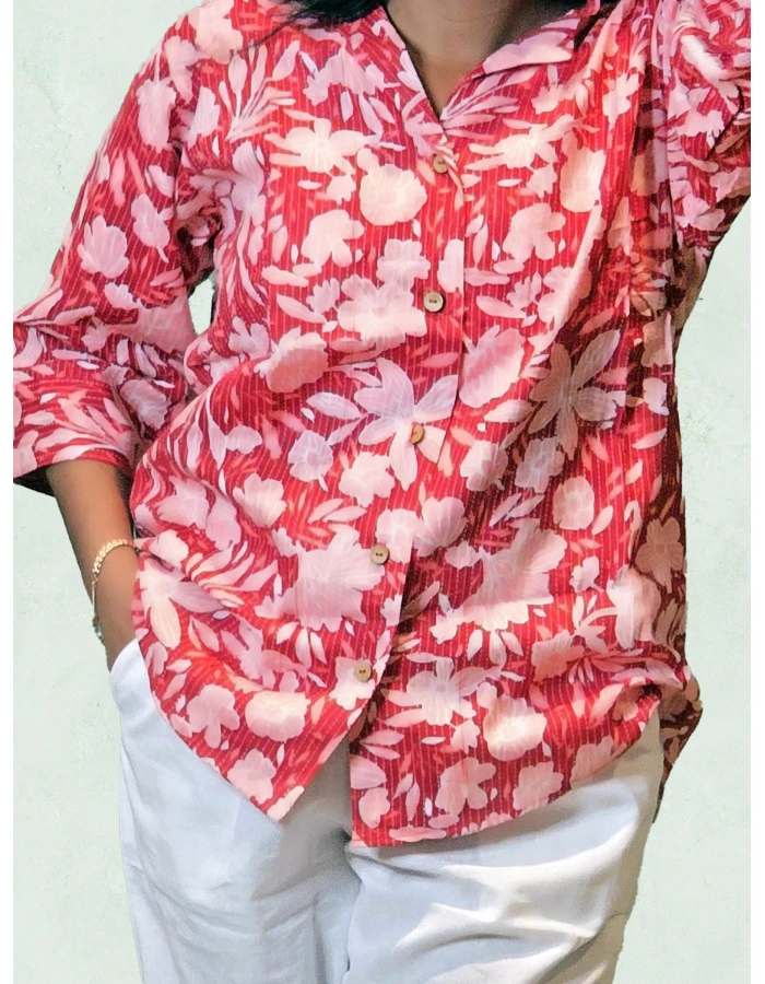 Red Floral Printed Cotton Shirt For Women