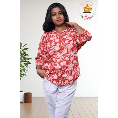Red Floral Printed Cotton Shirt For Women