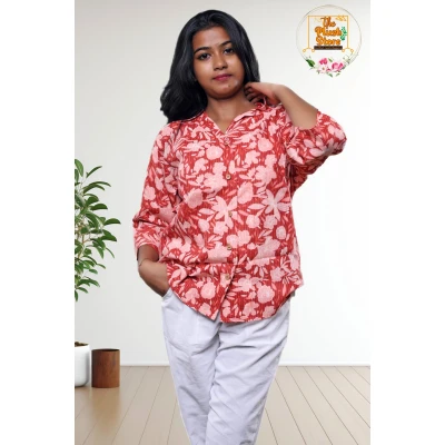 Red Floral Printed Cotton Shirt For Women